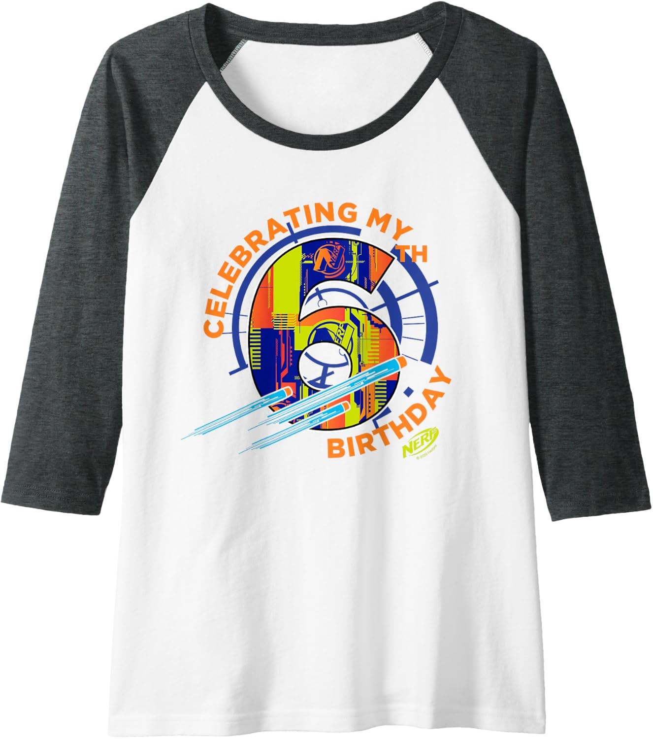 image:imageNerf Celebrating My 6th Birthday Raglan Baseball TeeDark Heather GreyWhite