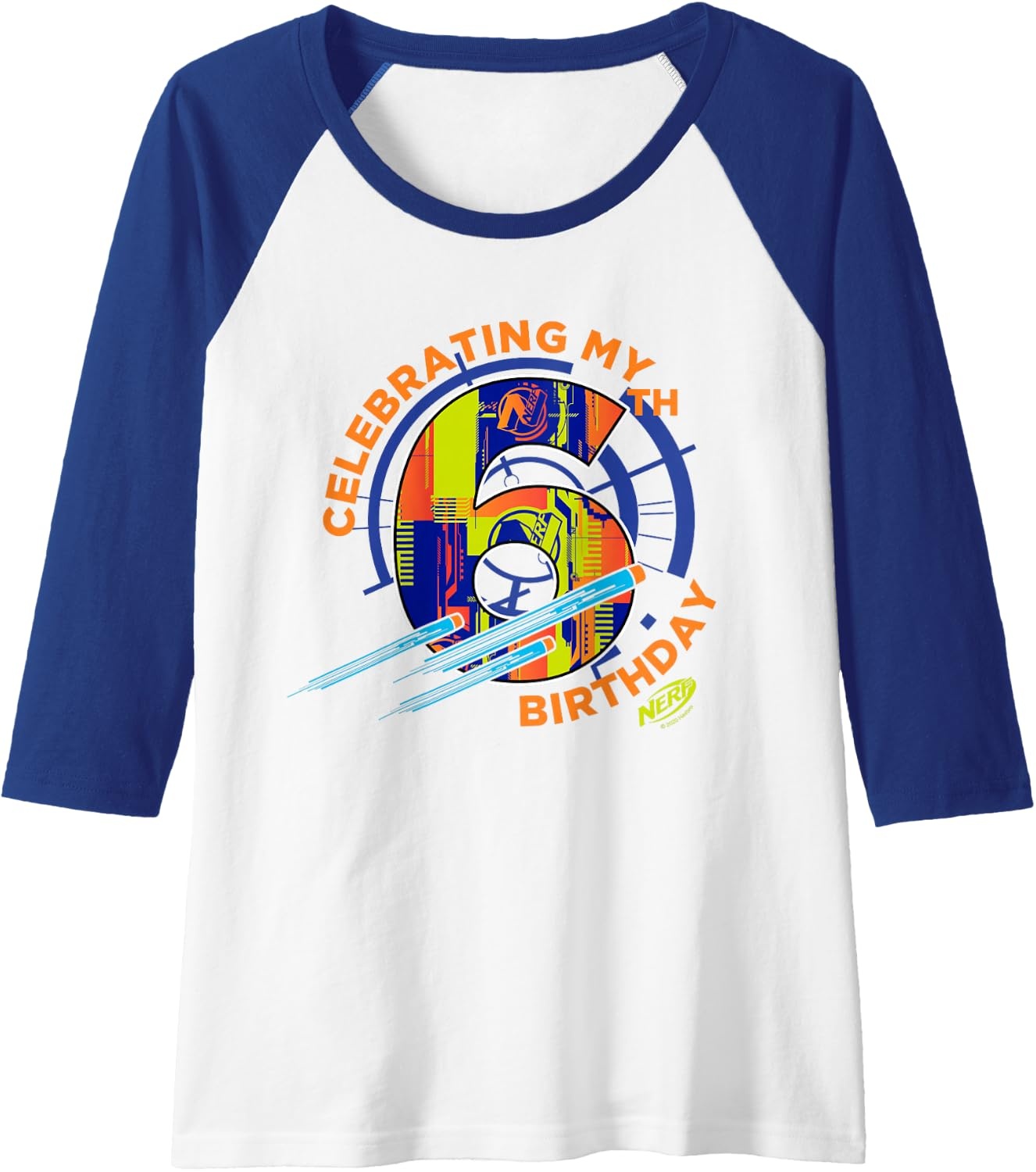 image:imageNerf Celebrating My 6th Birthday Raglan Baseball TeeRoyal BlueWhite