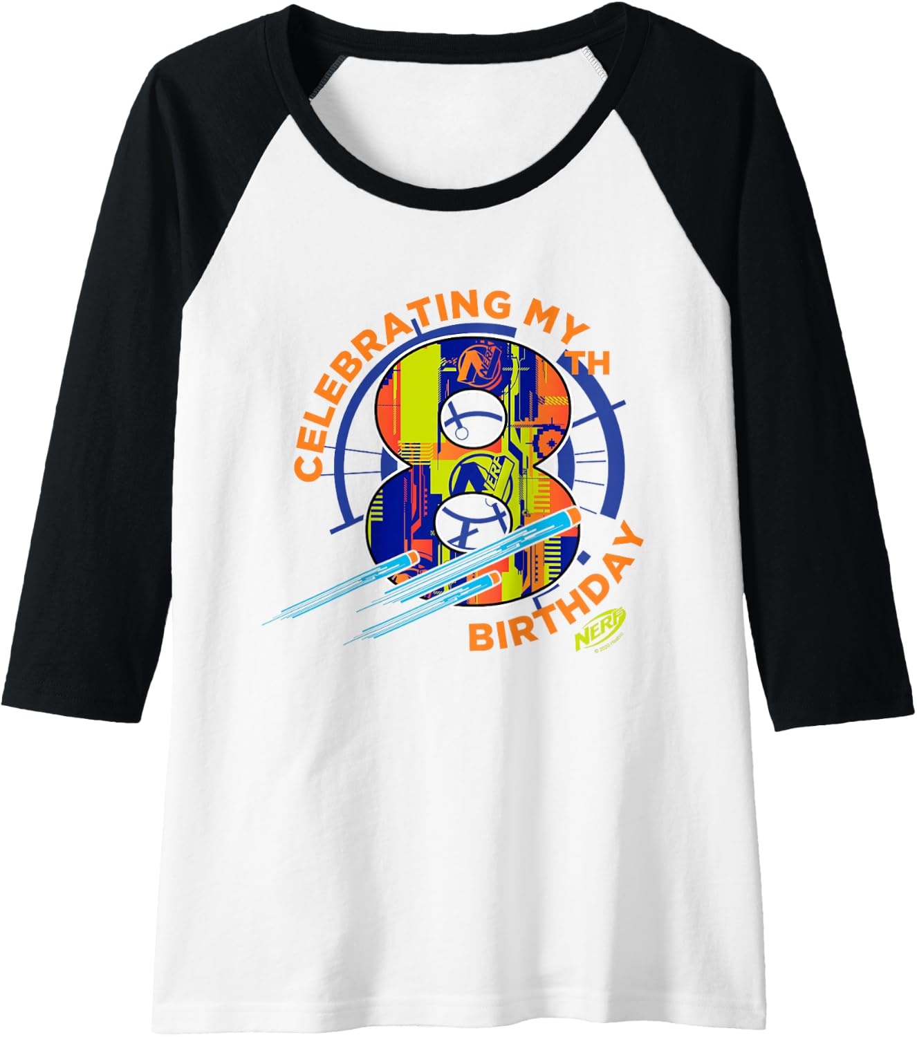 image:imageNerf Celebrating My 8th Birthday Raglan Baseball TeeBlackWhite
