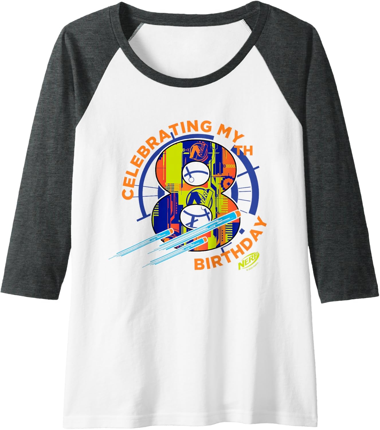 image:imageNerf Celebrating My 8th Birthday Raglan Baseball TeeDark Heather GreyWhite