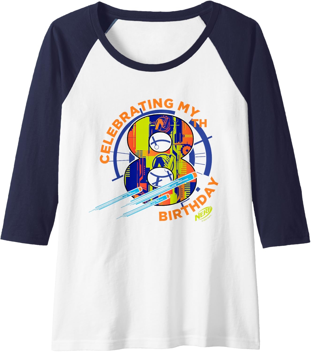 image:imageNerf Celebrating My 8th Birthday Raglan Baseball TeeNavy BlueWhite