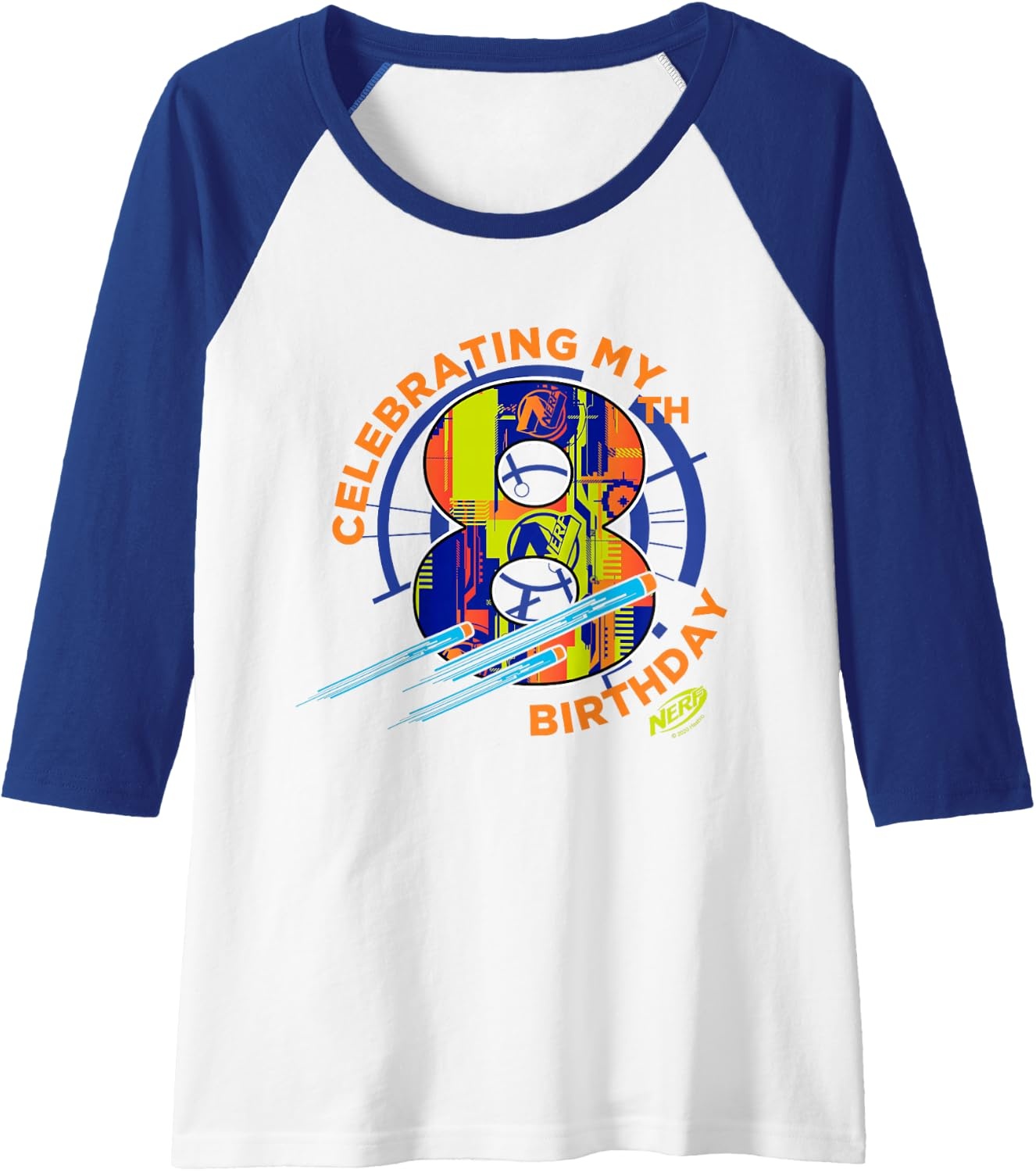 image:imageNerf Celebrating My 8th Birthday Raglan Baseball TeeRoyal BlueWhite