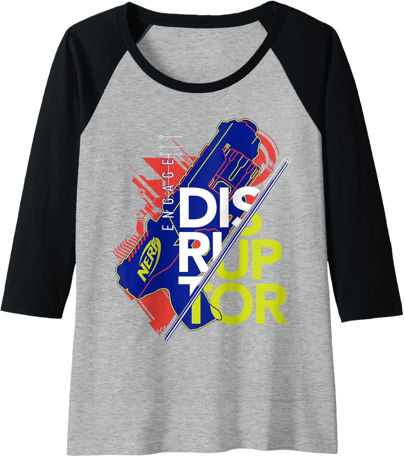 image:imageNerf Engage Disruptor Retro Vintage Text Stack Raglan Baseball TeeBlackAthletic Heather
