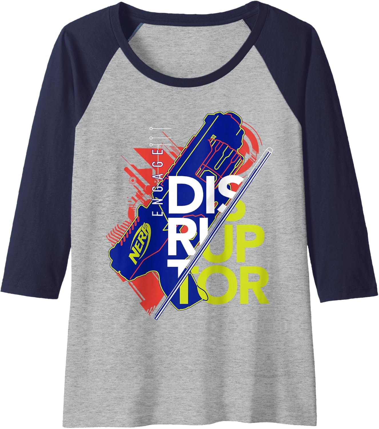 image:imageNerf Engage Disruptor Retro Vintage Text Stack Raglan Baseball TeeNavy BlueAthletic Heather
