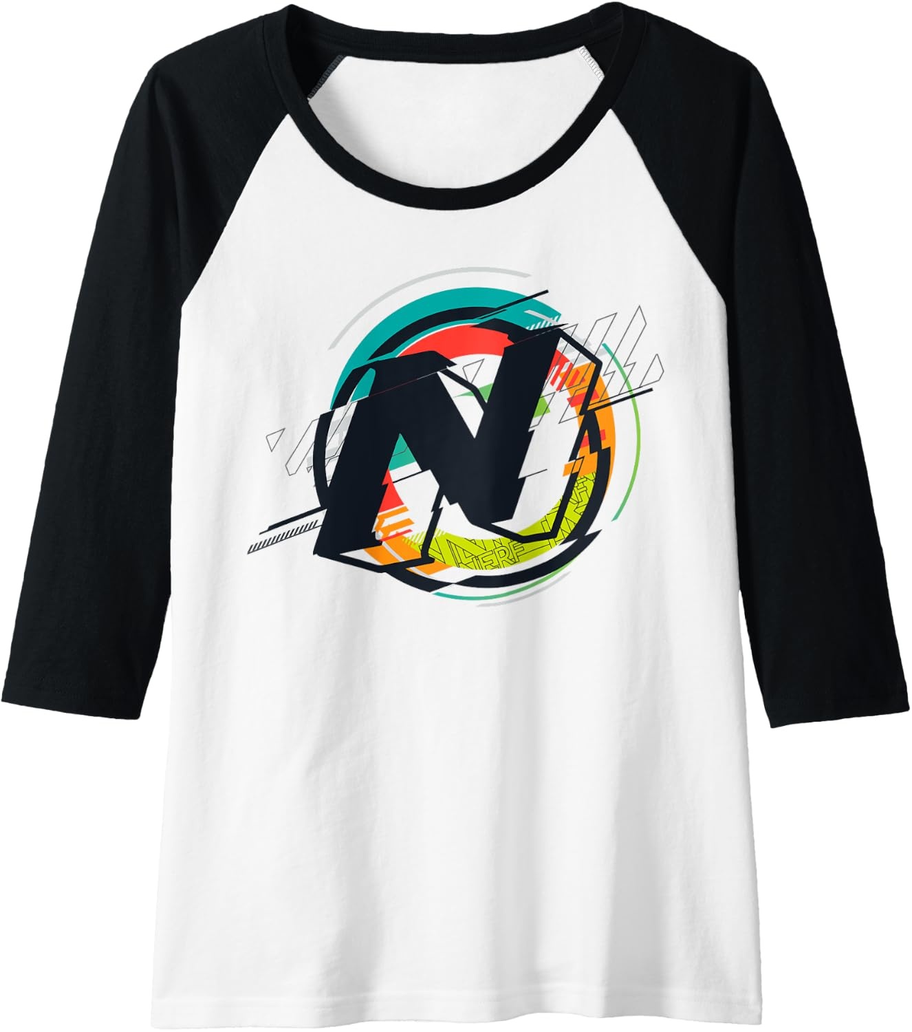 image:imageNerf Glitch Color Graphic Logo Raglan Baseball TeeBlackWhite
