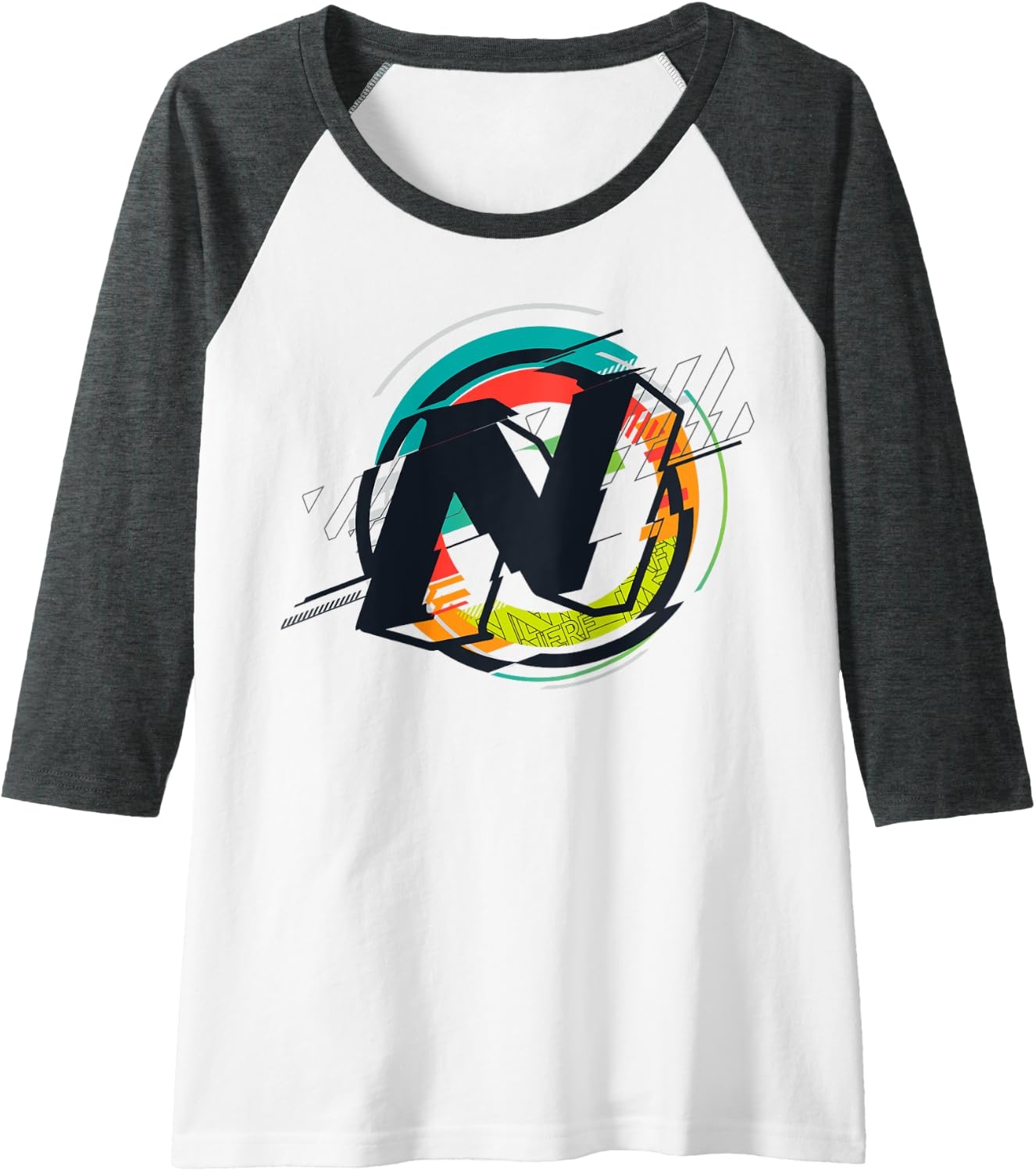 image:imageNerf Glitch Color Graphic Logo Raglan Baseball TeeDark Heather GreyWhite