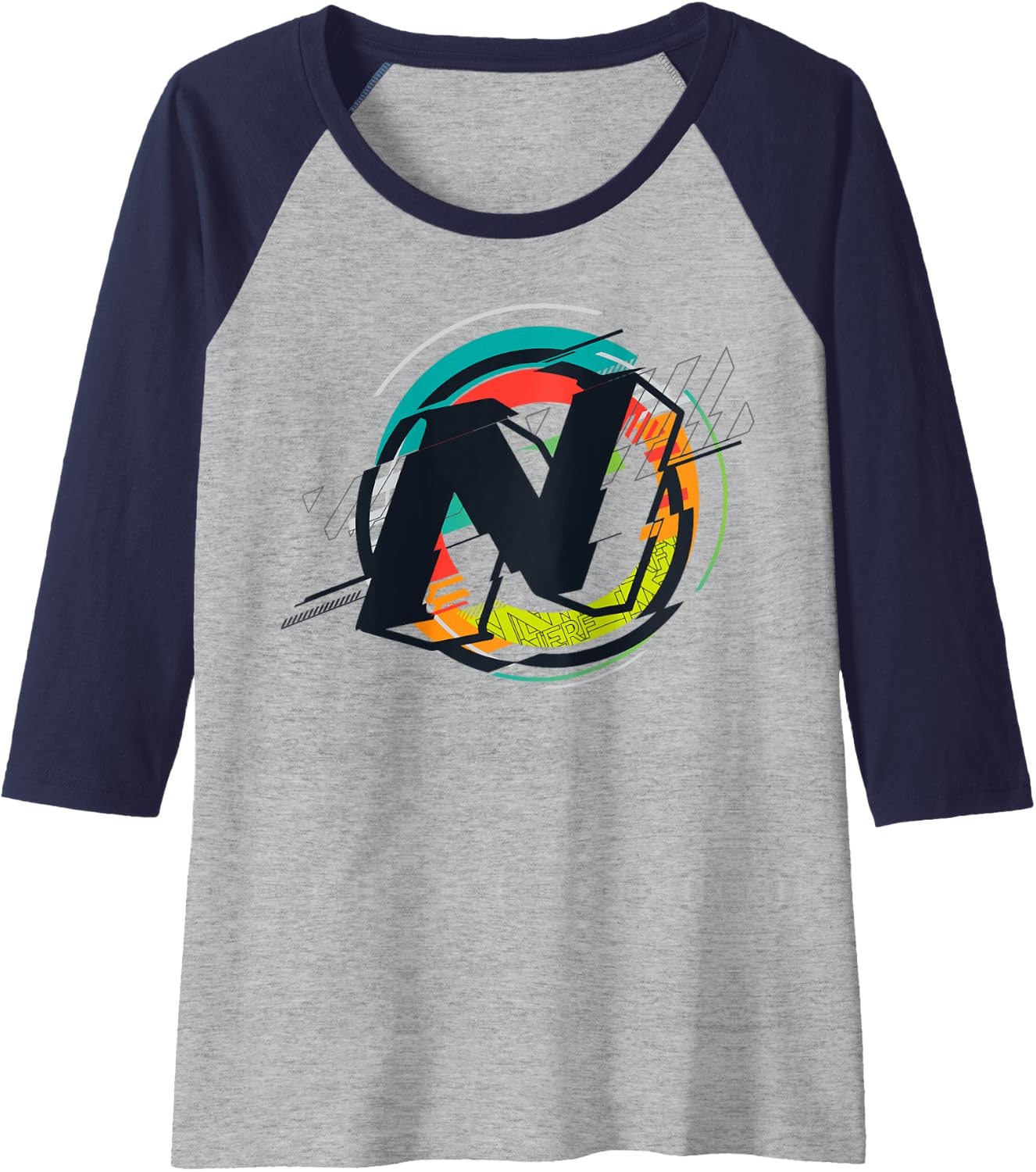 image:imageNerf Glitch Color Graphic Logo Raglan Baseball TeeNavy BlueAthletic Heather