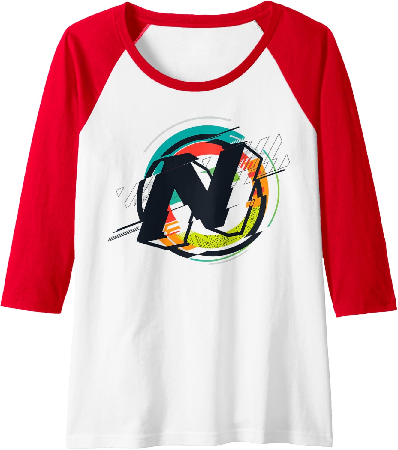 image:imageNerf Glitch Color Graphic Logo Raglan Baseball TeeRedWhite