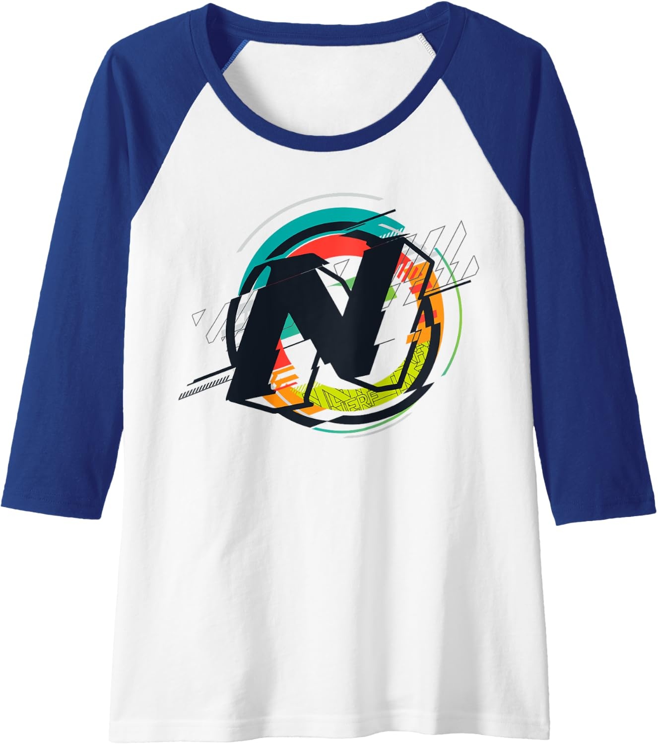 image:imageNerf Glitch Color Graphic Logo Raglan Baseball TeeRoyal BlueWhite