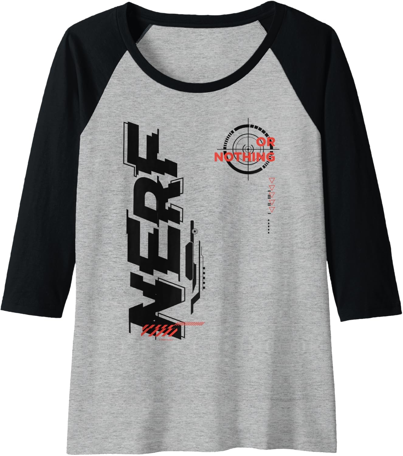 image:imageNerf Its Nerf Or Nothing Target Bullseye Side Graphic Raglan Baseball TeeBlackAthletic Heather