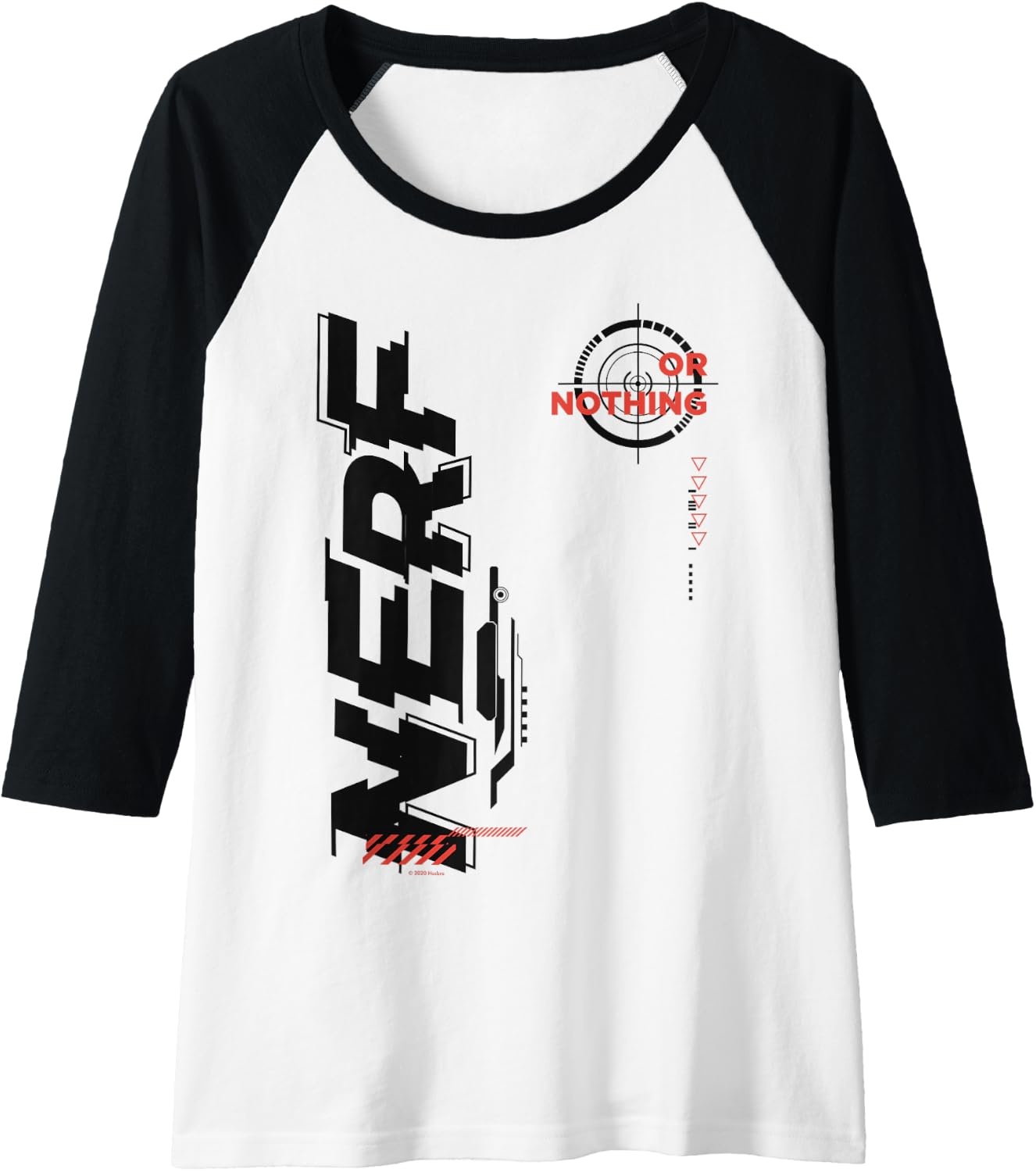 image:imageNerf Its Nerf Or Nothing Target Bullseye Side Graphic Raglan Baseball TeeBlackWhite