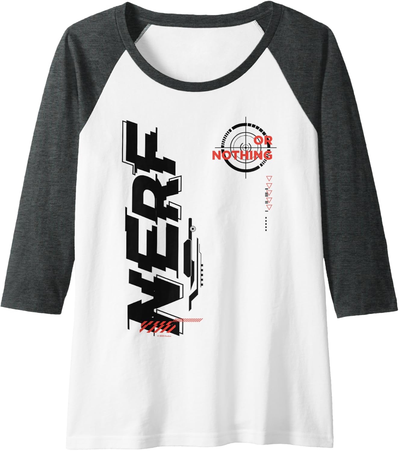image:imageNerf Its Nerf Or Nothing Target Bullseye Side Graphic Raglan Baseball TeeDark Heather GreyWhite