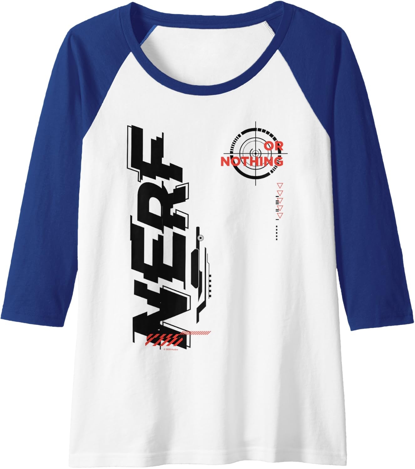 image:imageNerf Its Nerf Or Nothing Target Bullseye Side Graphic Raglan Baseball TeeRoyal BlueWhite