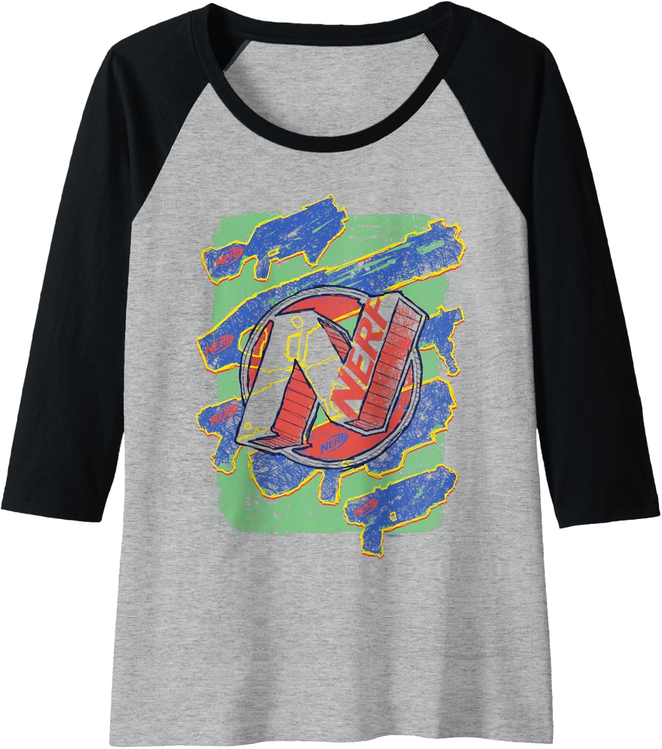 image:imageNerf Logo Blaster Scribbles Raglan Baseball TeeBlackAthletic Heather
