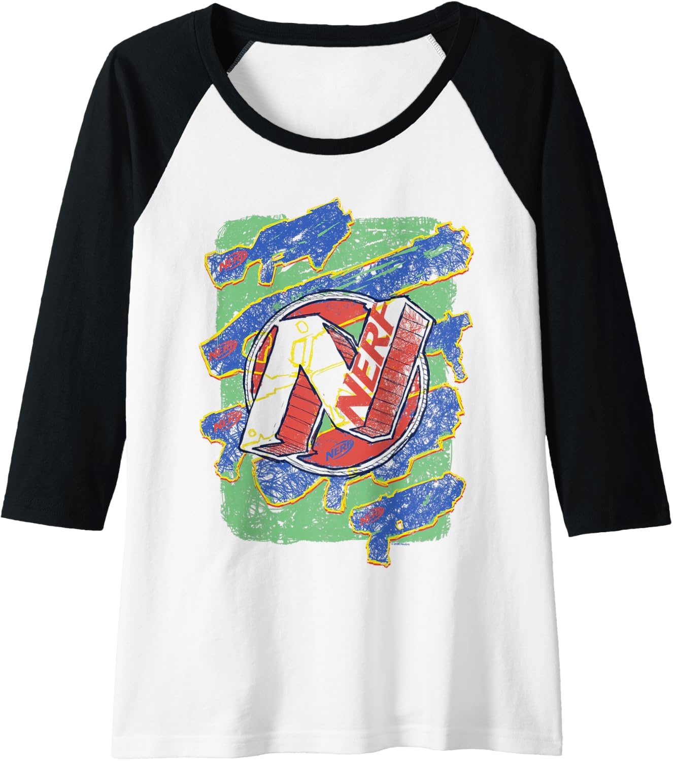image:imageNerf Logo Blaster Scribbles Raglan Baseball TeeBlackWhite