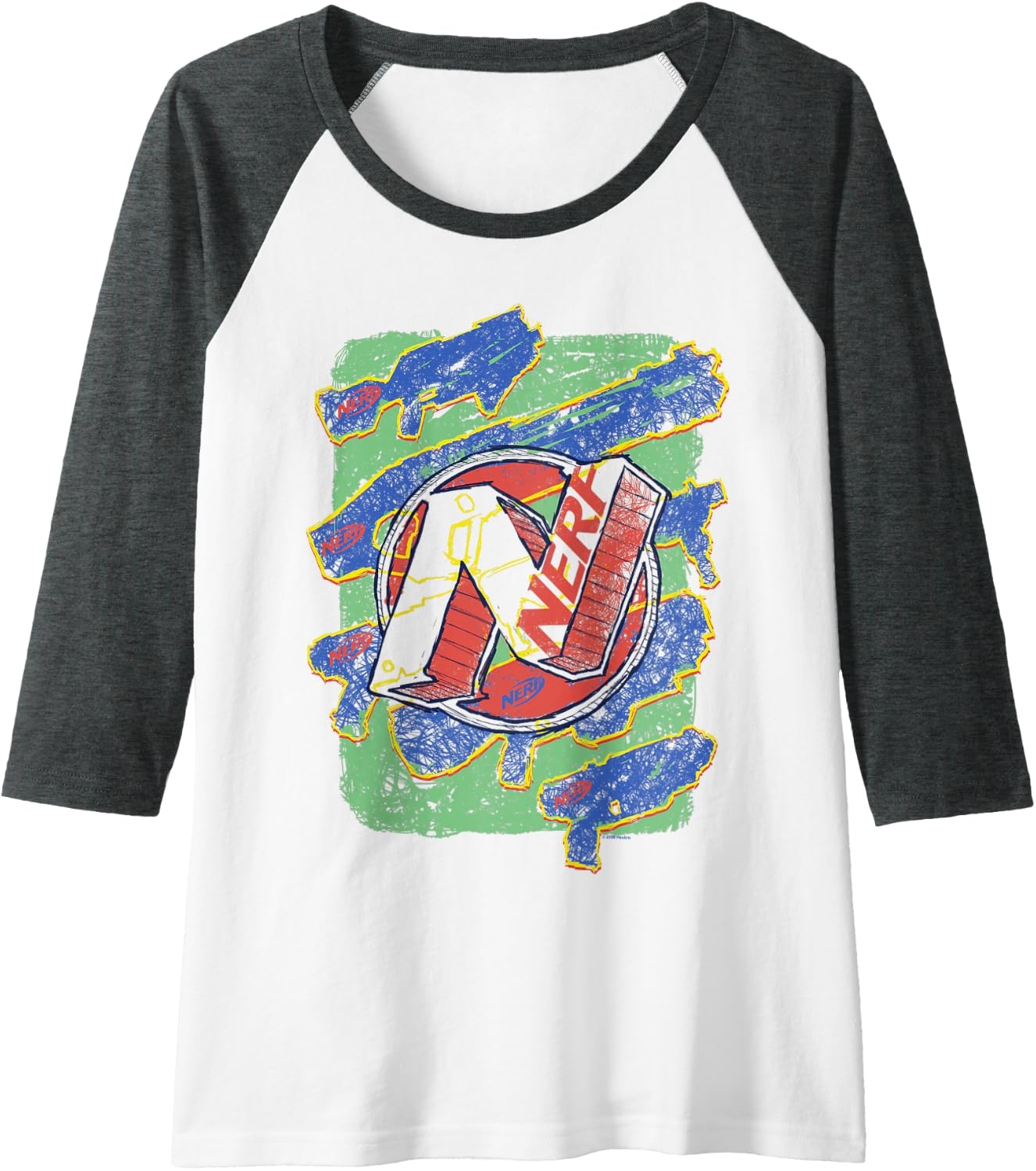 image:imageNerf Logo Blaster Scribbles Raglan Baseball TeeDark Heather GreyWhite