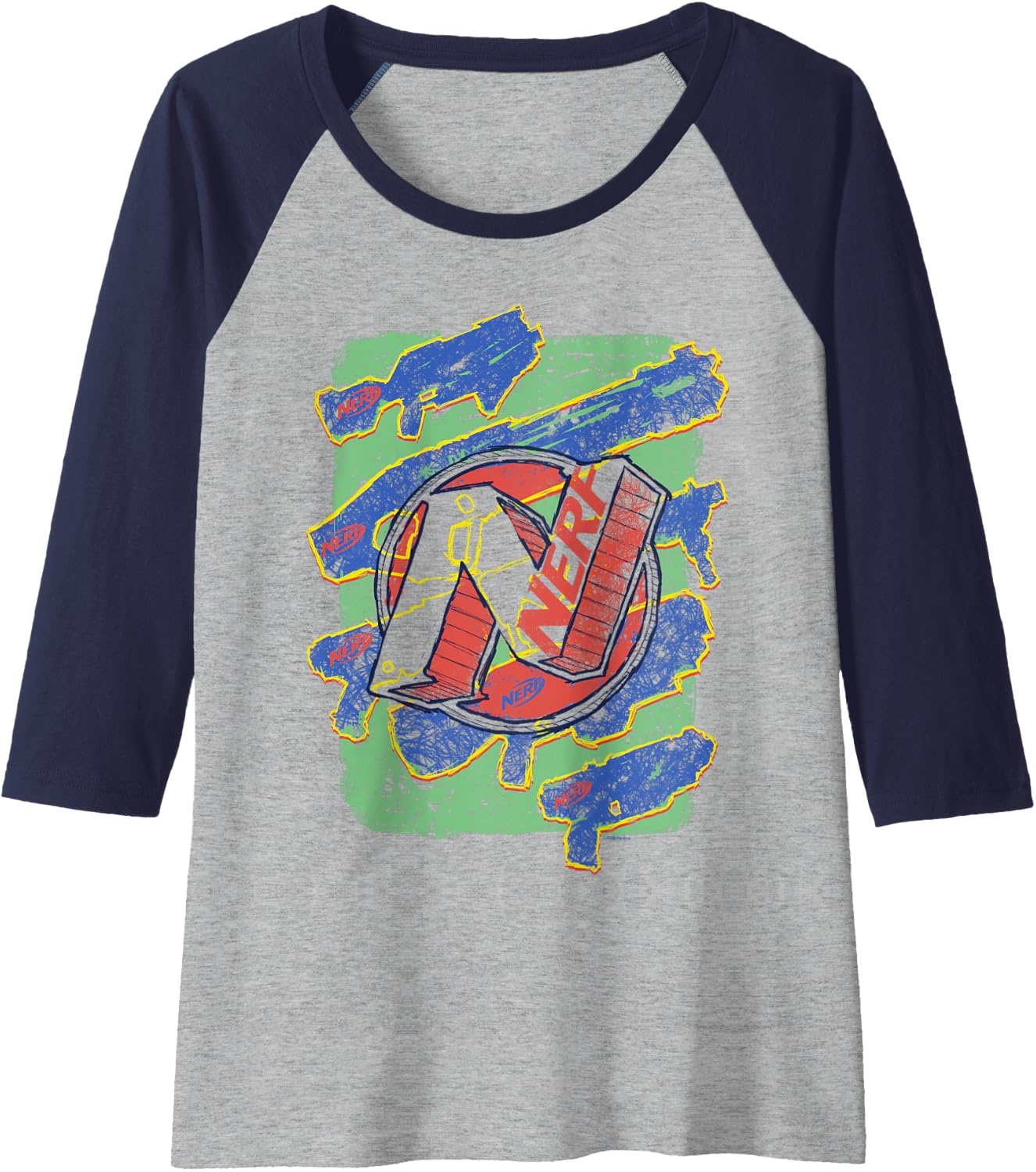 image:imageNerf Logo Blaster Scribbles Raglan Baseball TeeNavy BlueAthletic Heather