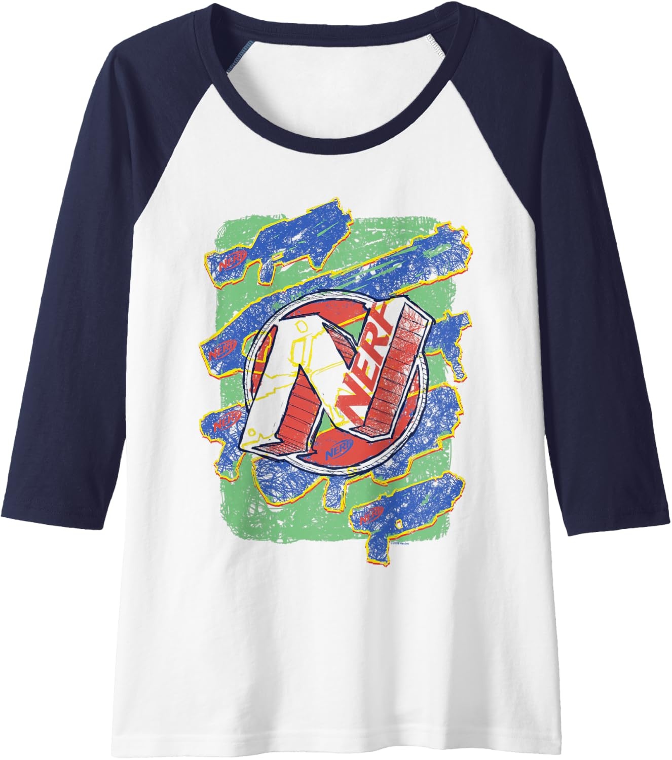 image:imageNerf Logo Blaster Scribbles Raglan Baseball TeeNavy BlueWhite
