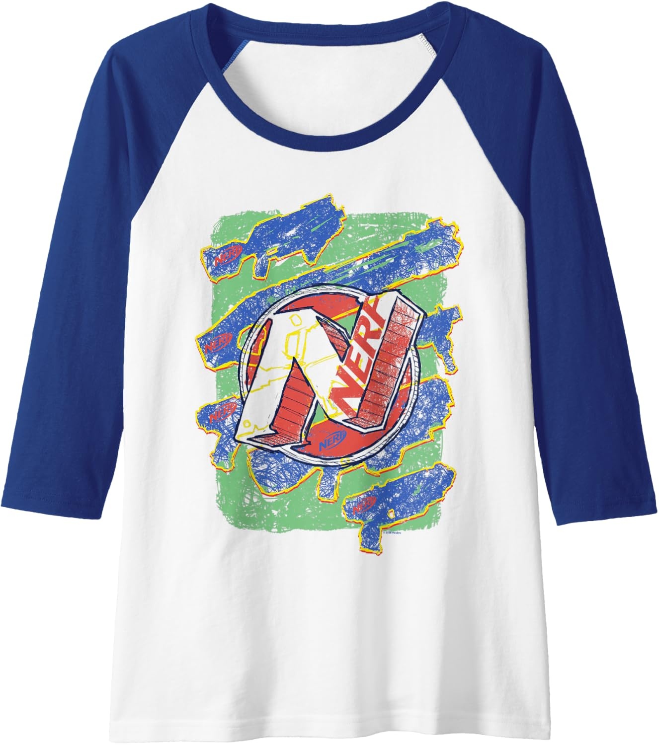 image:imageNerf Logo Blaster Scribbles Raglan Baseball TeeRoyal BlueWhite