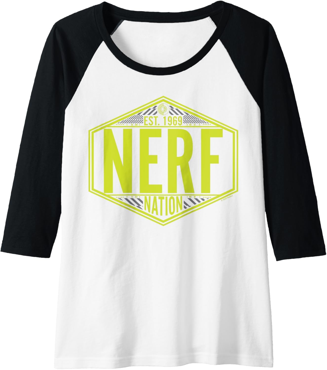image:imageNerf Nation Est 1969 Neon Badge Logo Raglan Baseball TeeBlackWhite