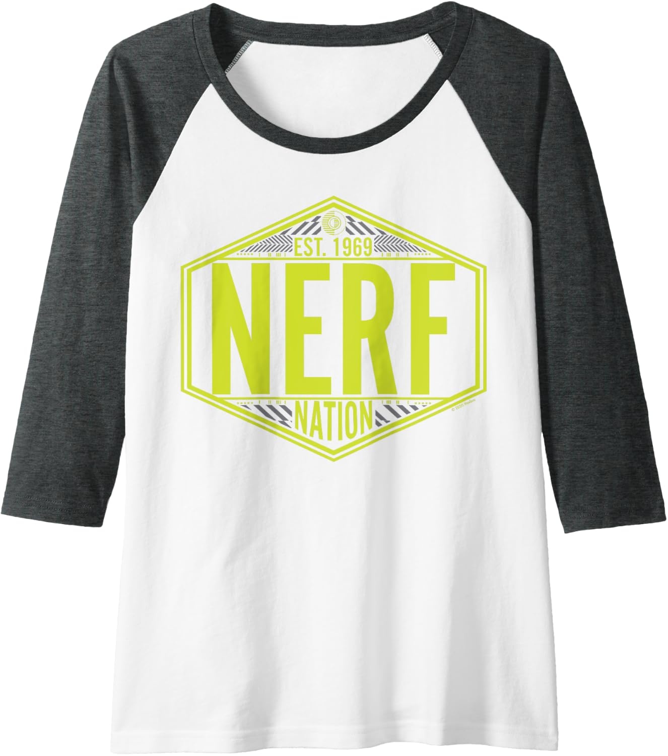 image:imageNerf Nation Est 1969 Neon Badge Logo Raglan Baseball TeeDark Heather GreyWhite