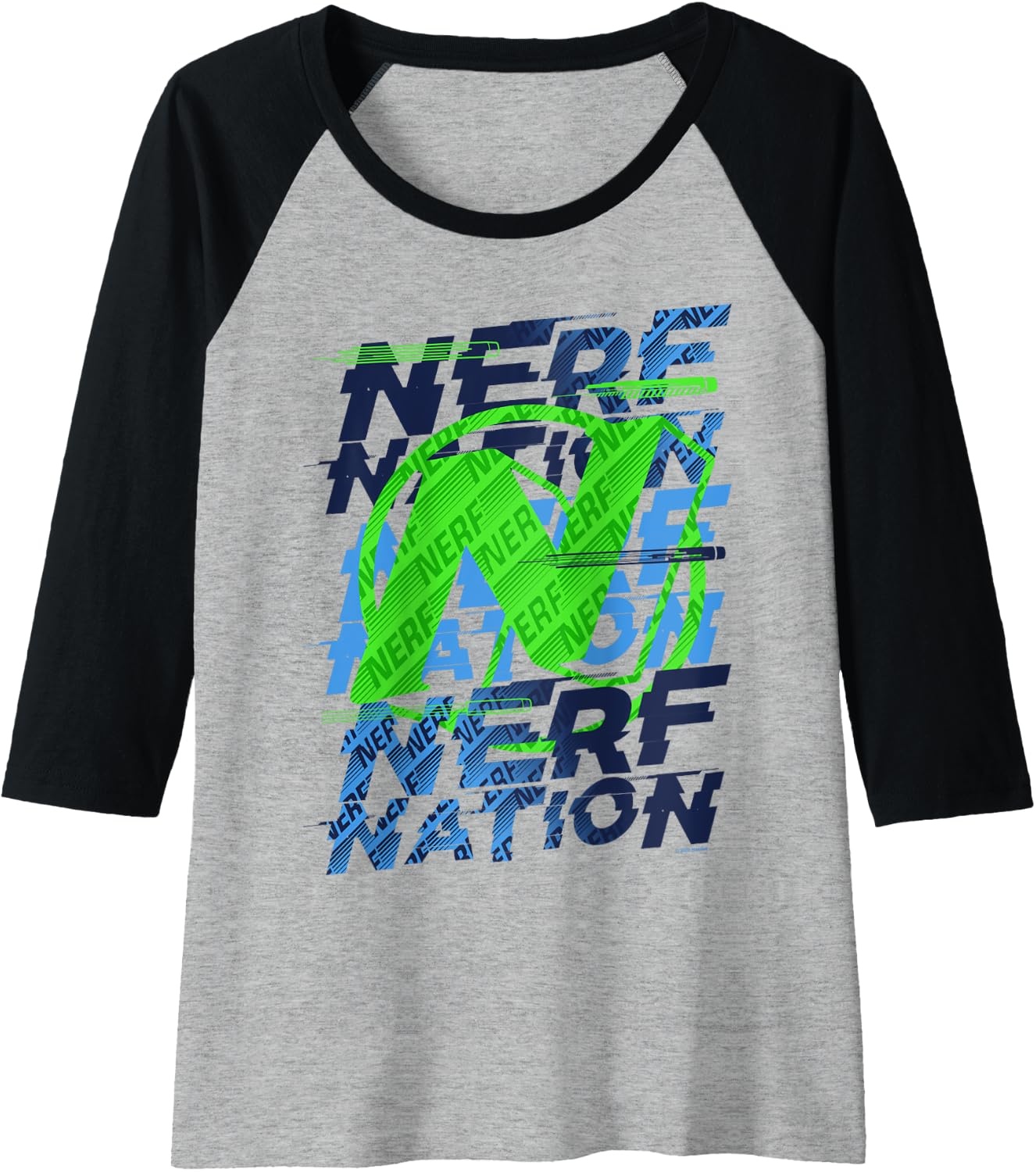 image:imageNerf Nation N Logo Stack Raglan Baseball TeeBlackAthletic Heather