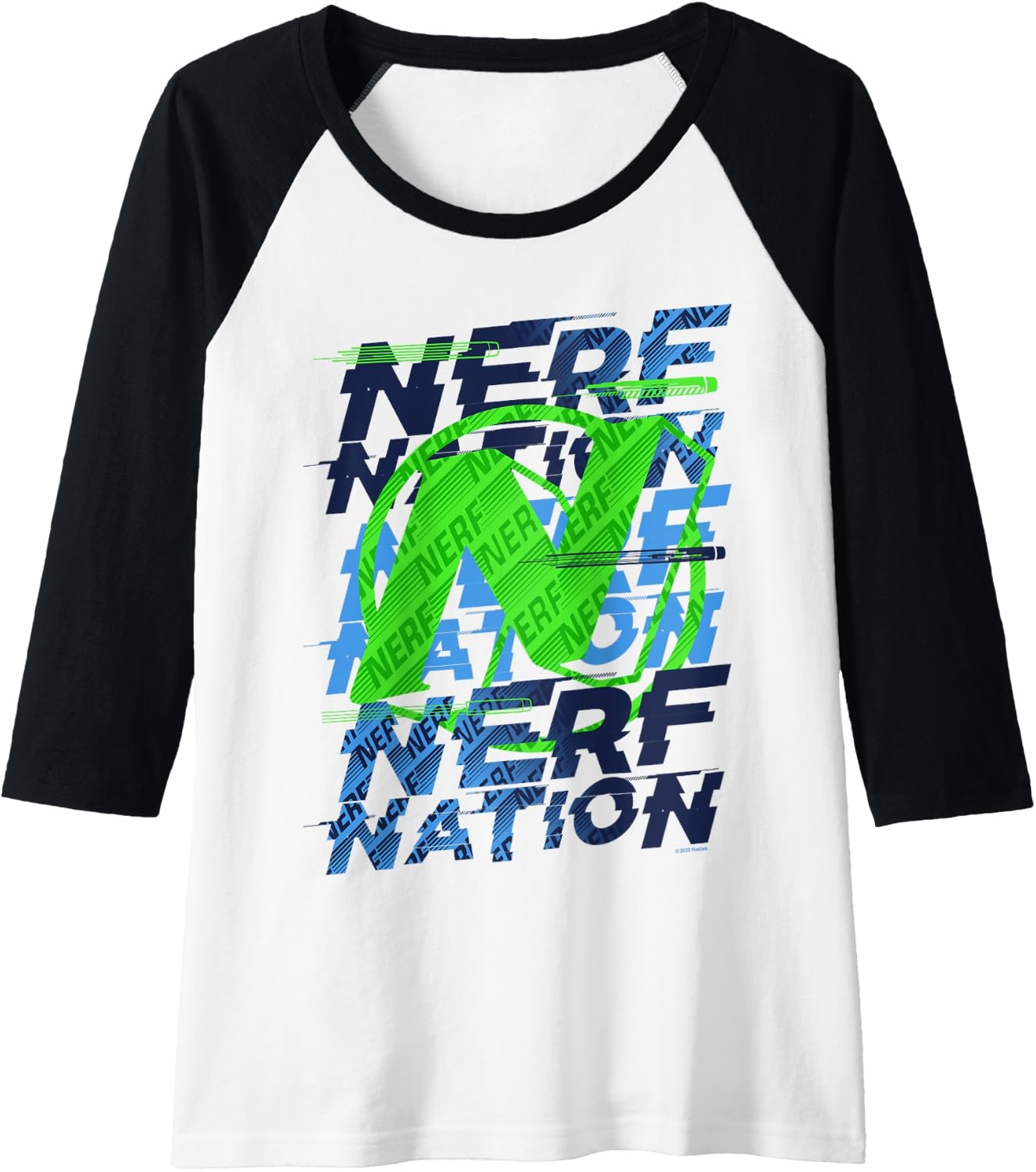 image:imageNerf Nation N Logo Stack Raglan Baseball TeeBlackWhite