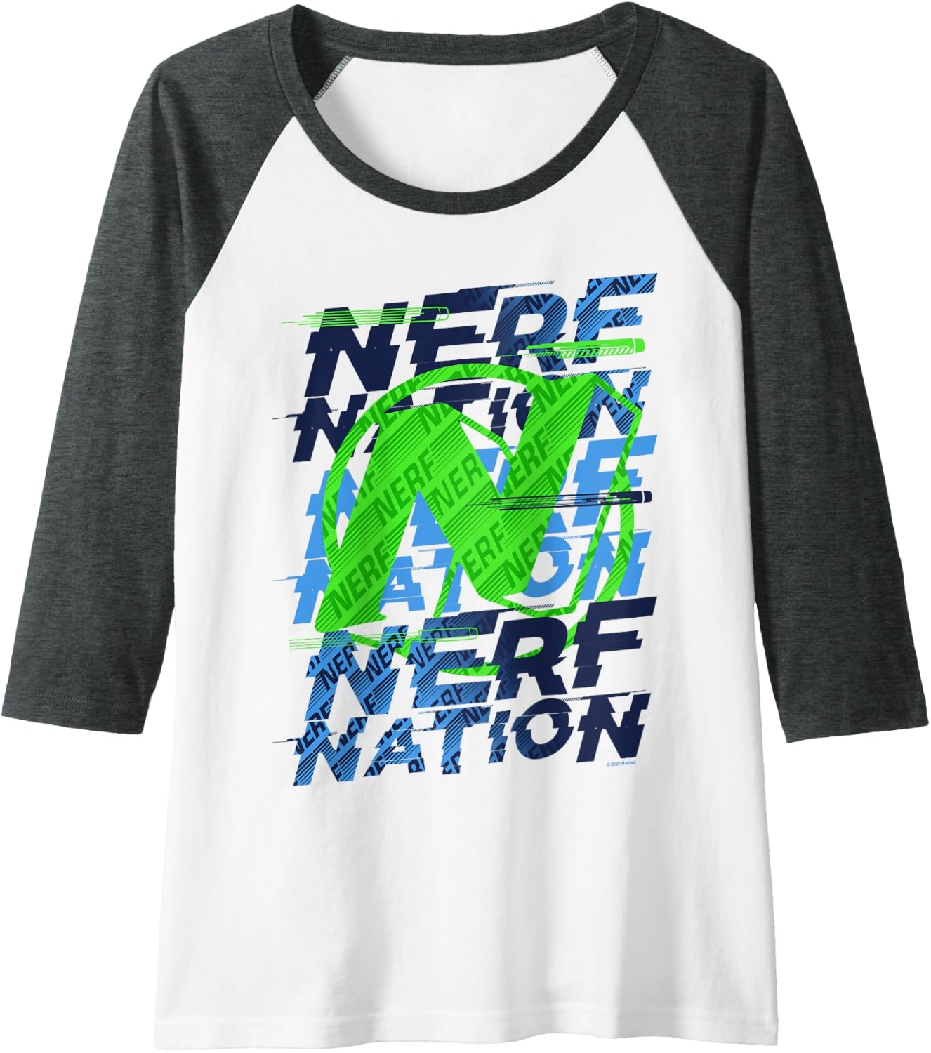 image:imageNerf Nation N Logo Stack Raglan Baseball TeeDark Heather GreyWhite