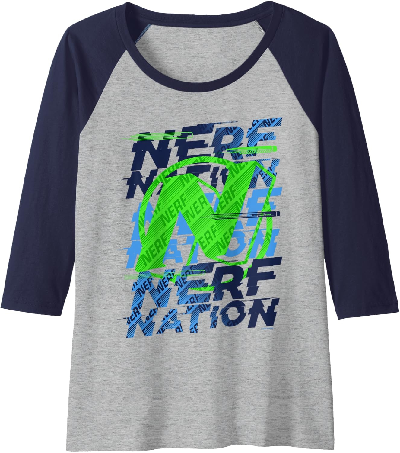 image:imageNerf Nation N Logo Stack Raglan Baseball TeeNavy BlueAthletic Heather