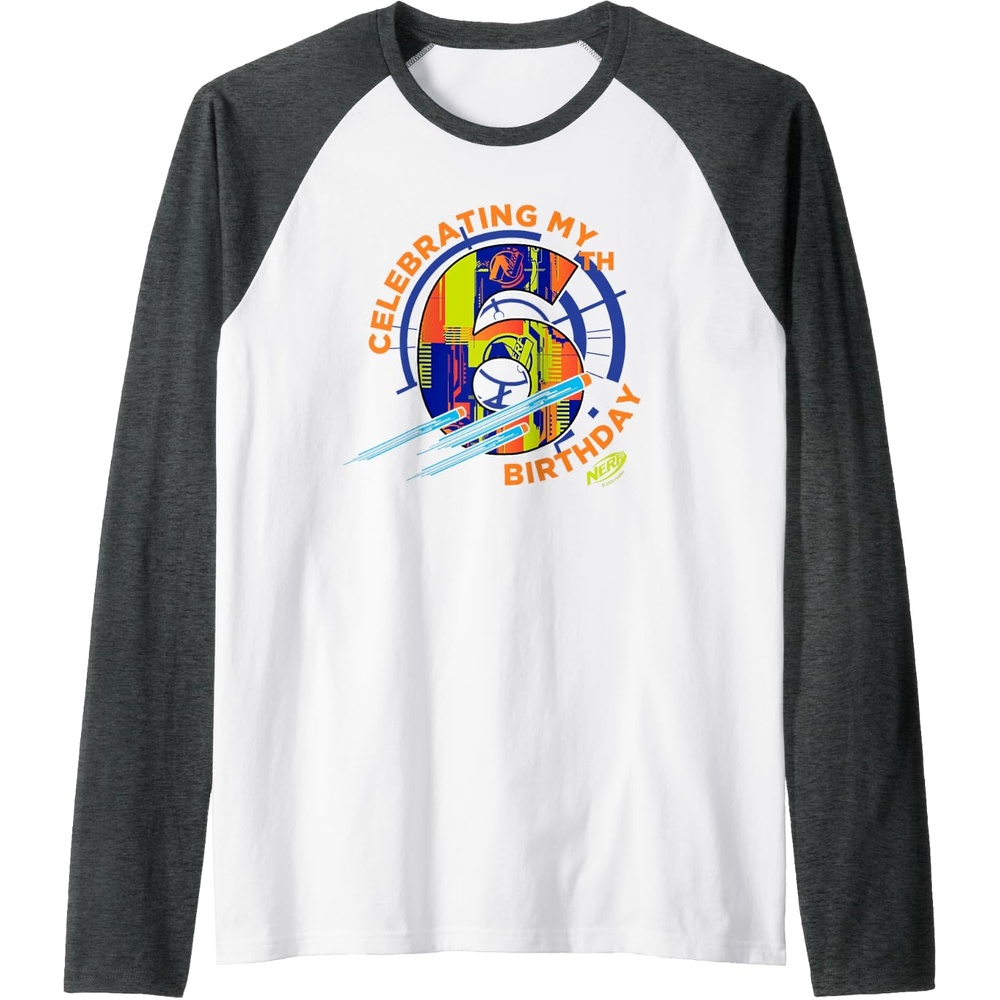 image:imageNerf Celebrating My 6th Birthday Raglan Baseball TeeDark Heather GreyWhite