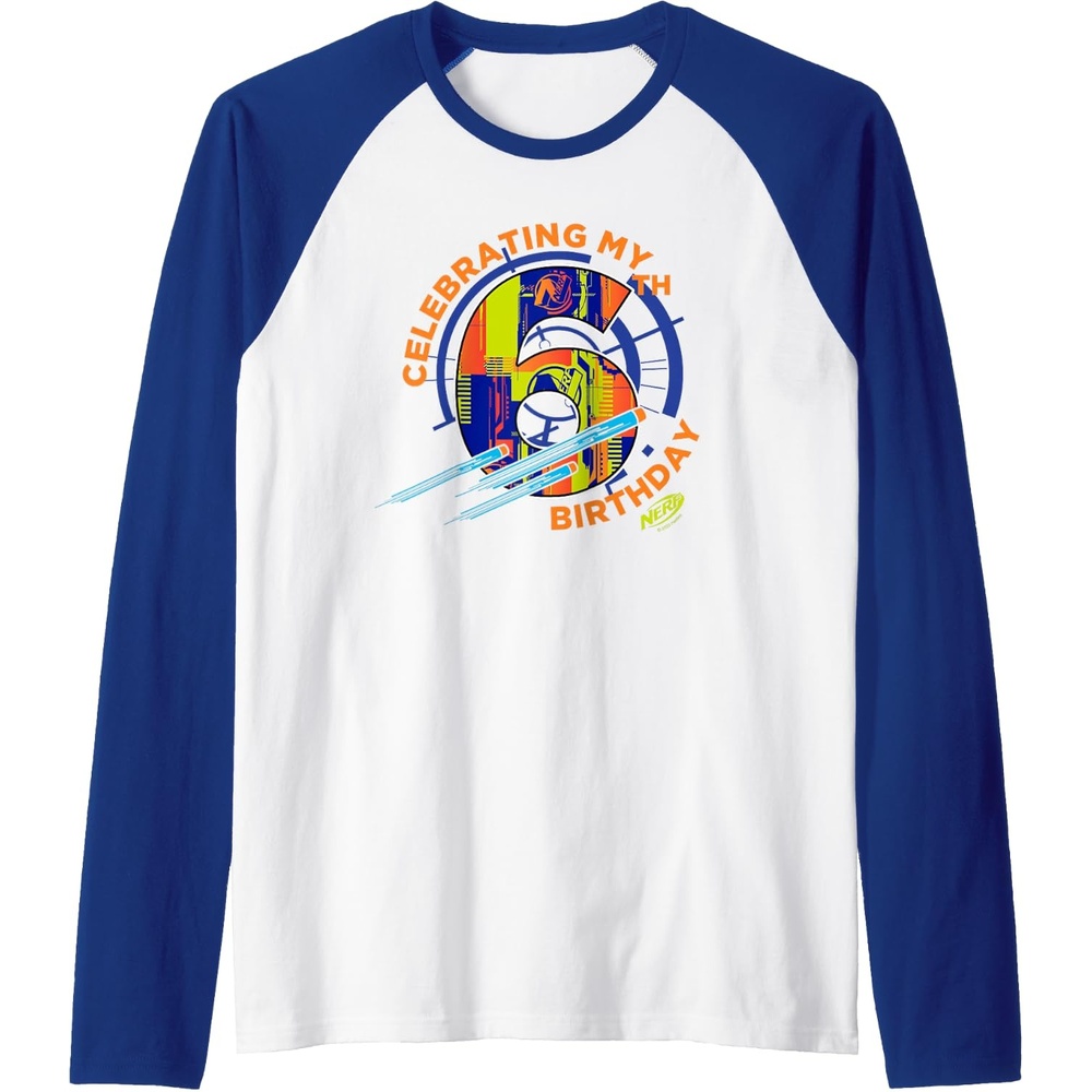 image:imageNerf Celebrating My 6th Birthday Raglan Baseball TeeRoyal BlueWhite