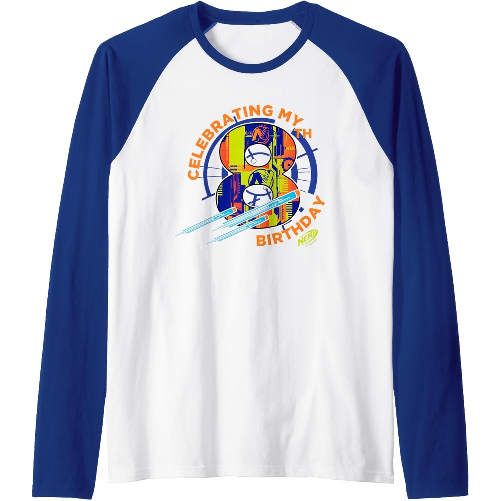 image:imageNerf Celebrating My 8th Birthday Raglan Baseball TeeRoyal BlueWhite