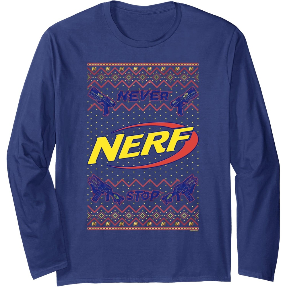 image:imageNerf Christmas Never Stop Ugly Sweater Long Sleeve TShirtNavy Blue