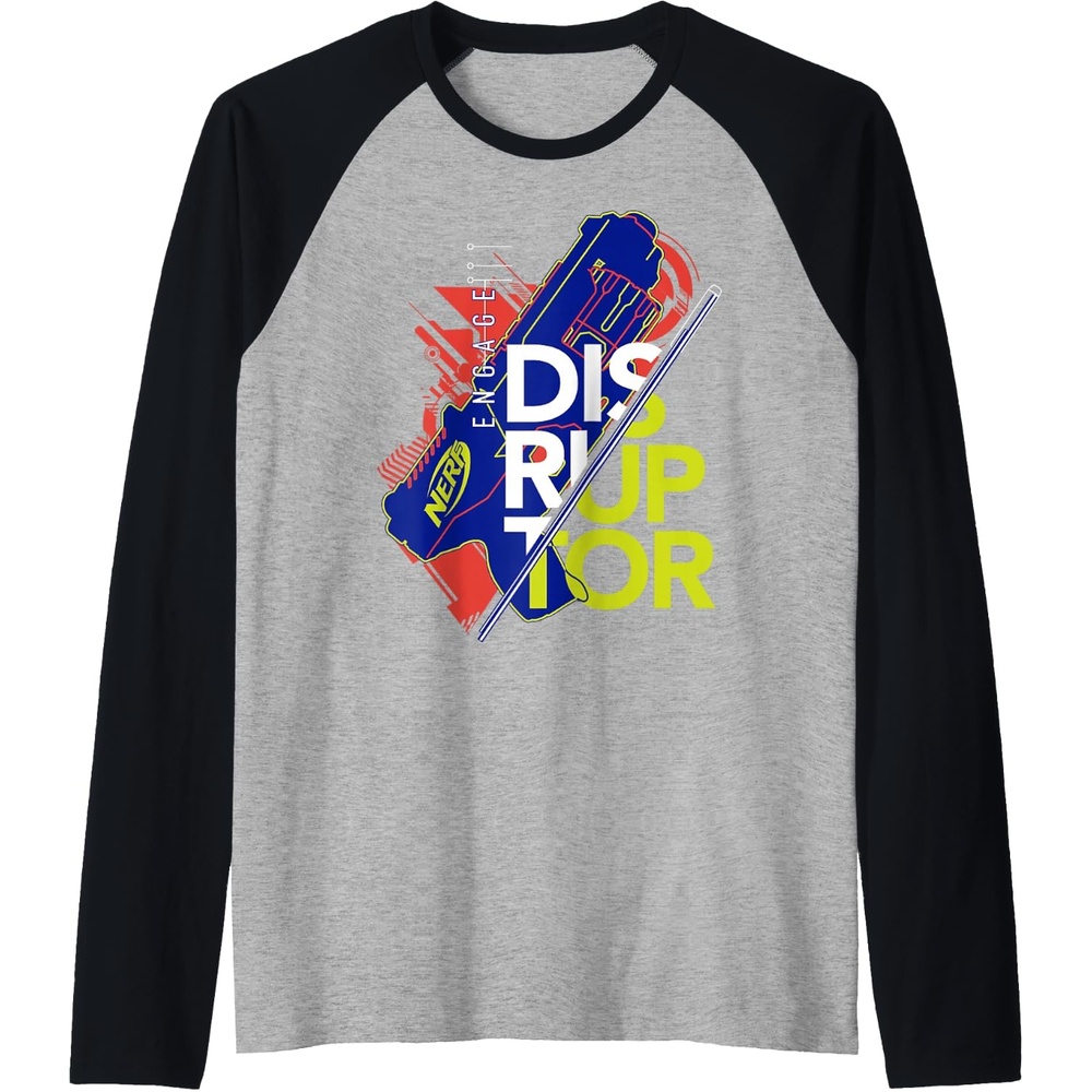 image:imageNerf Engage Disruptor Retro Vintage Text Stack Raglan Baseball TeeBlackAthletic Heather