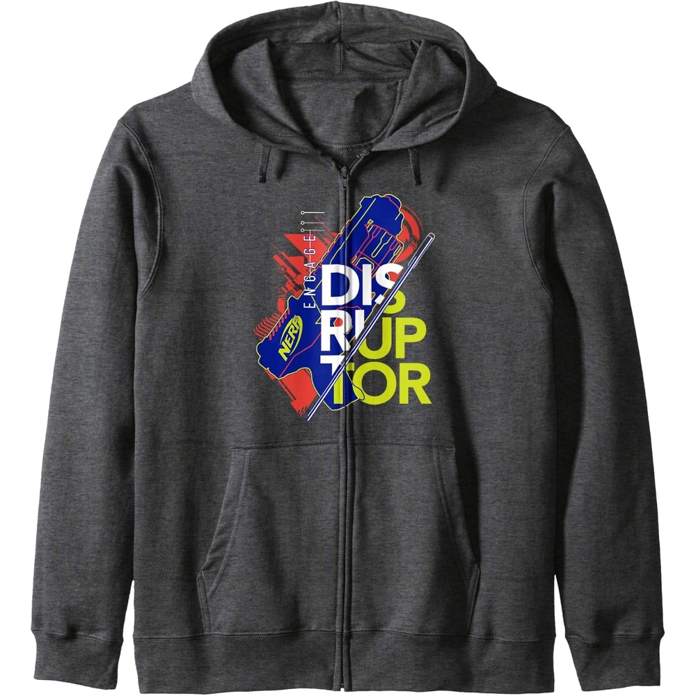 image:imageNerf Engage Disruptor Retro Vintage Text Stack Zip HoodieDark Heather Grey