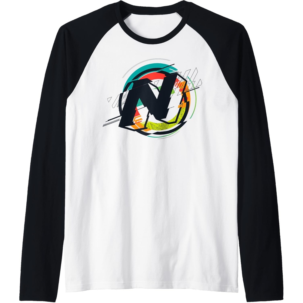 image:imageNerf Glitch Color Graphic Logo Raglan Baseball TeeBlackWhite