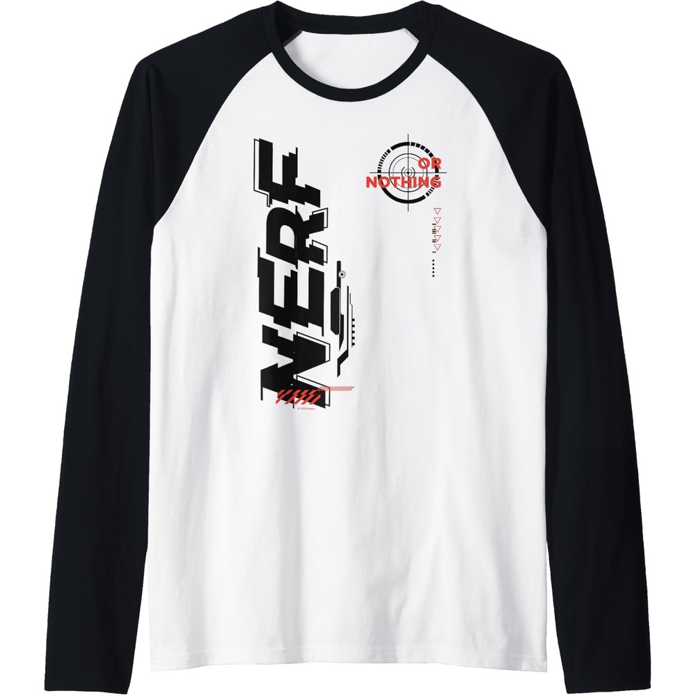 image:imageNerf Its Nerf Or Nothing Target Bullseye Side Graphic Raglan Baseball TeeBlackWhite