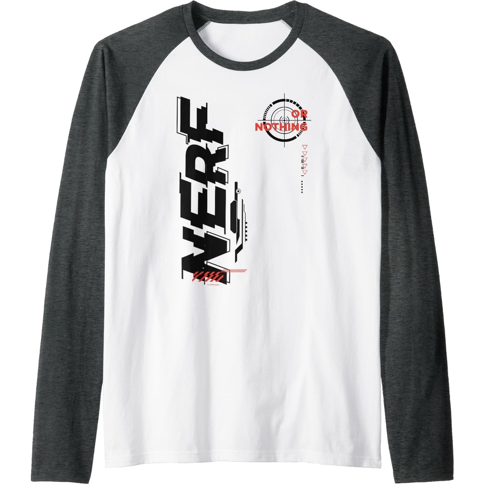 image:imageNerf Its Nerf Or Nothing Target Bullseye Side Graphic Raglan Baseball TeeDark Heather GreyWhite
