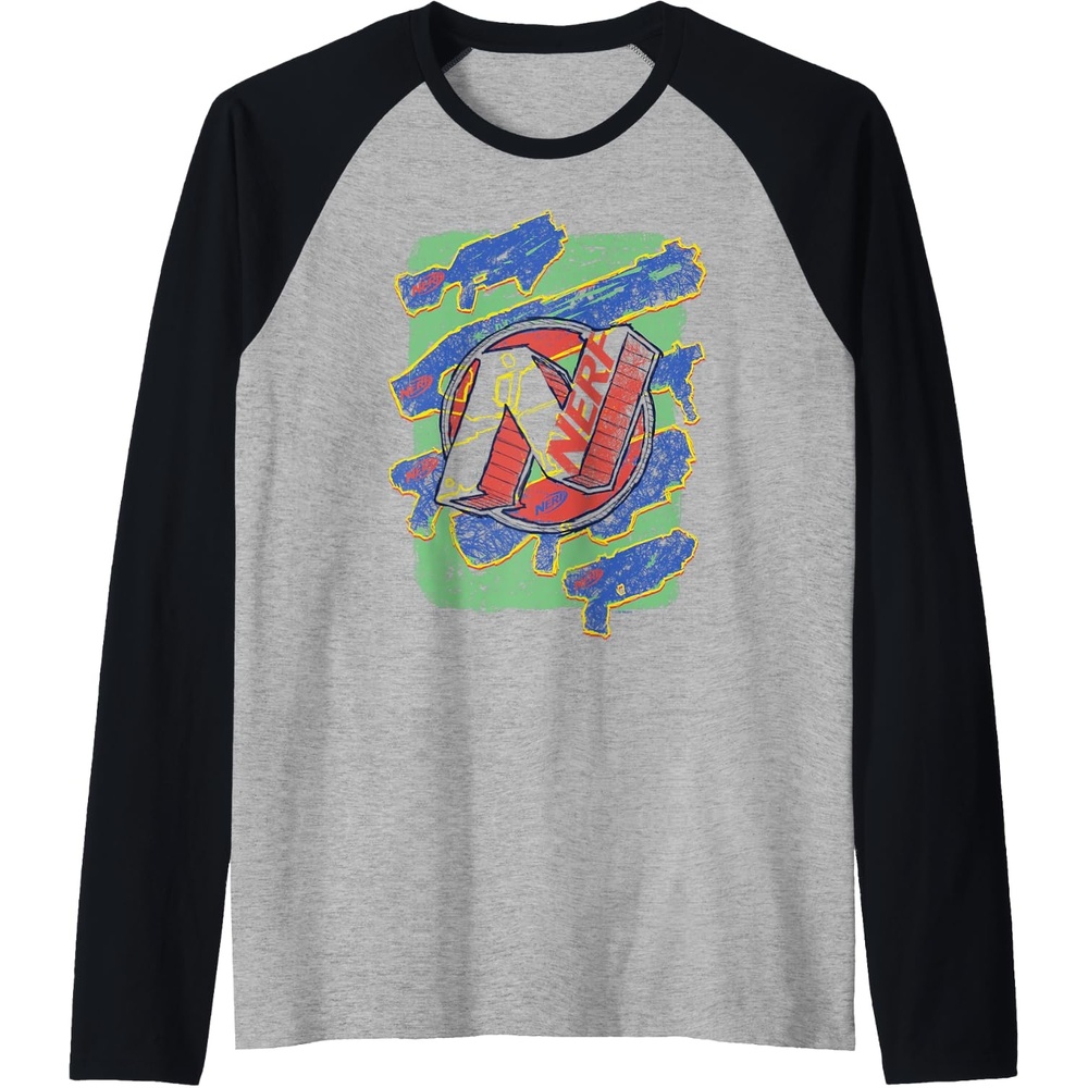 image:imageNerf Logo Blaster Scribbles Raglan Baseball TeeBlackAthletic Heather