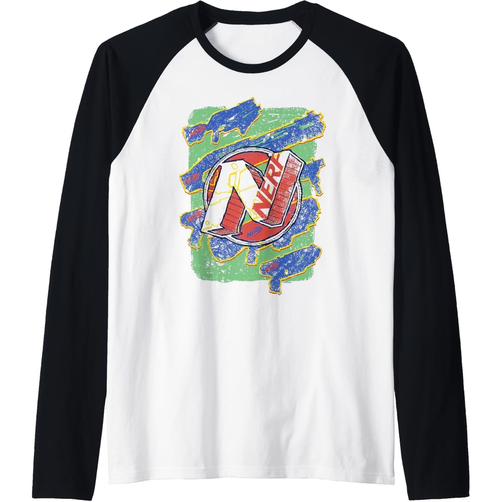 image:imageNerf Logo Blaster Scribbles Raglan Baseball TeeBlackWhite