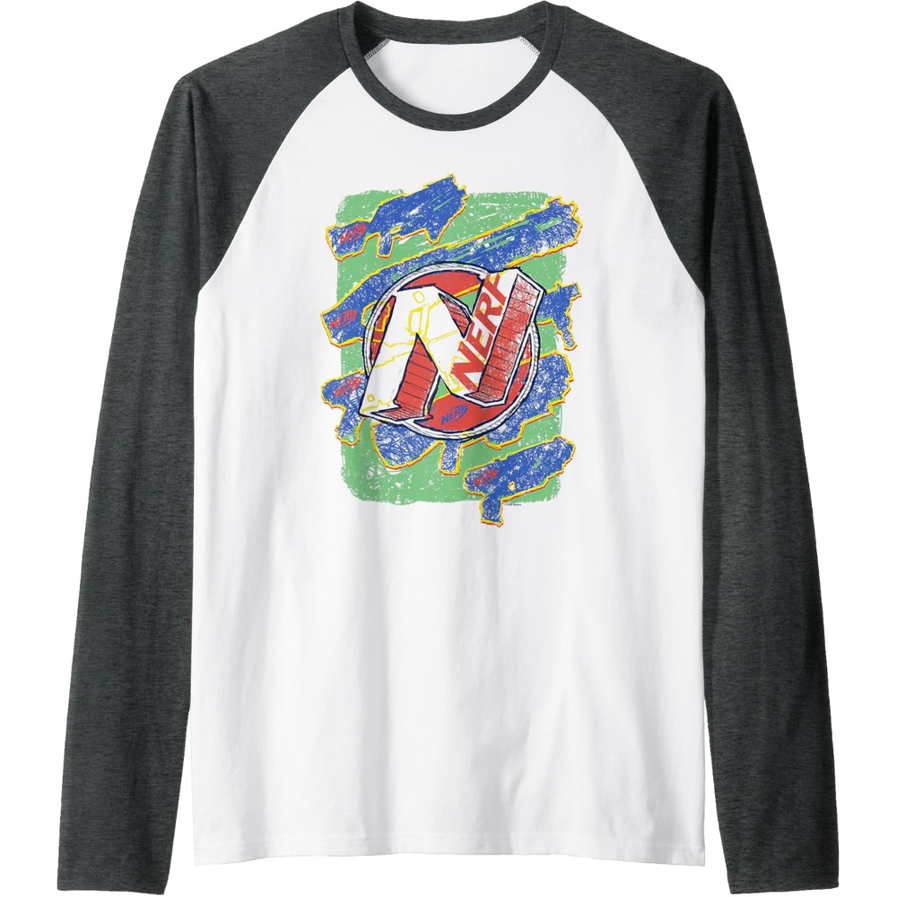 image:imageNerf Logo Blaster Scribbles Raglan Baseball TeeDark Heather GreyWhite