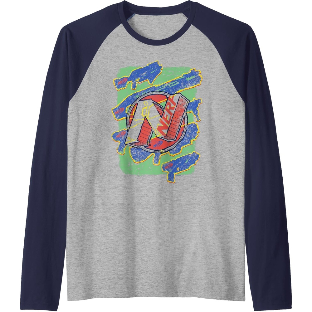 image:imageNerf Logo Blaster Scribbles Raglan Baseball TeeNavy BlueAthletic Heather