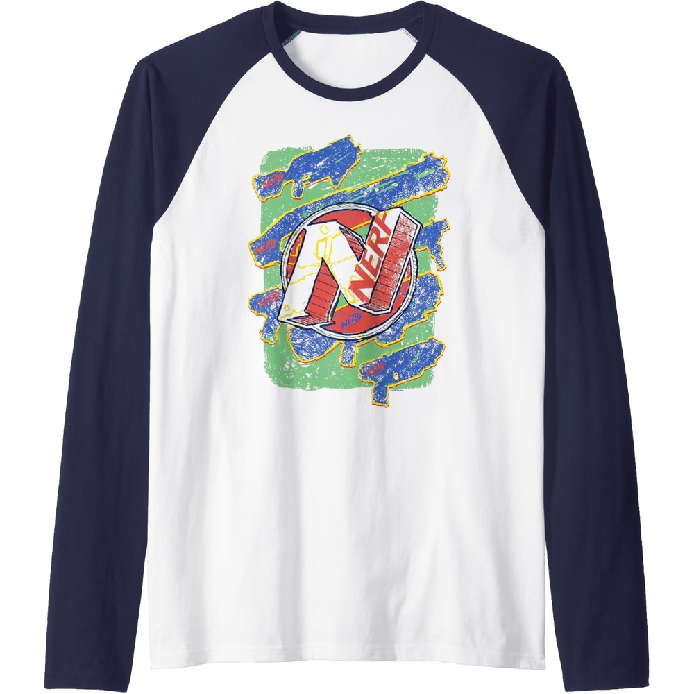 image:imageNerf Logo Blaster Scribbles Raglan Baseball TeeNavy BlueWhite