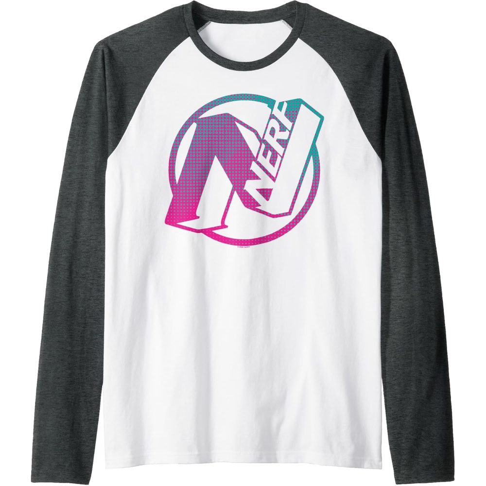 image:imageNerf N Gradient Comic Style Logo Raglan Baseball TeeDark Heather GreyWhite