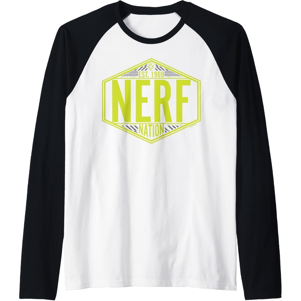 image:imageNerf Nation Est 1969 Neon Badge Logo Raglan Baseball TeeBlackWhite