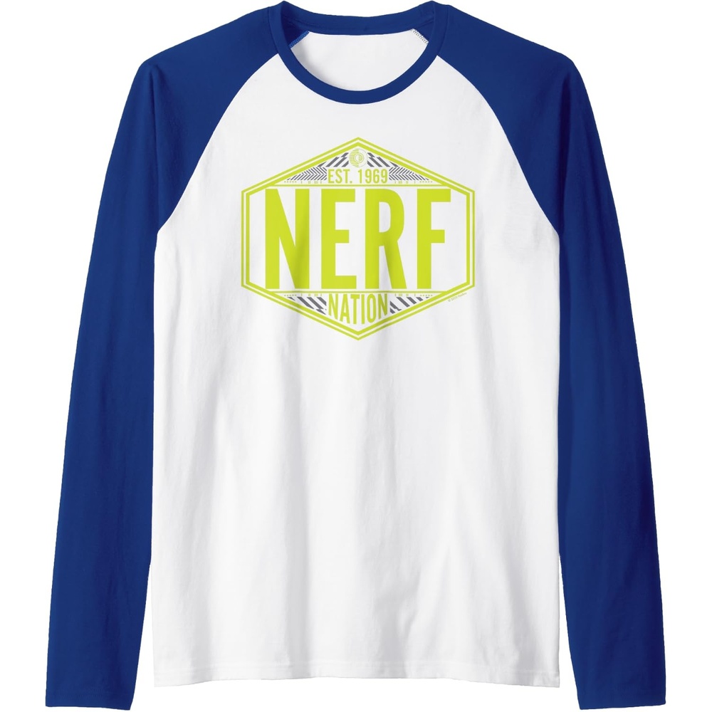 image:imageNerf Nation Est 1969 Neon Badge Logo Raglan Baseball TeeRoyal BlueWhite