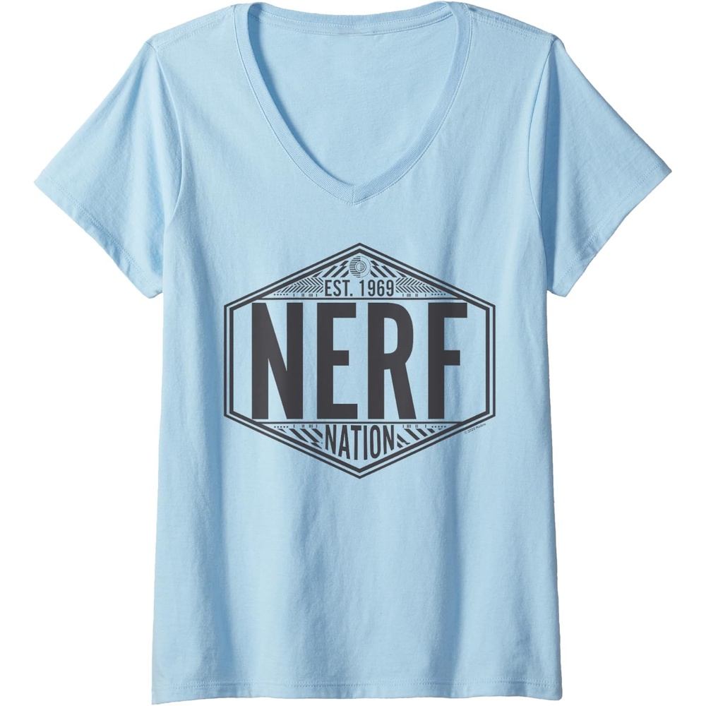 image:imageNerf Nation Est 1969 Neon Badge Logo V2 VNeck TShirtBaby Blue