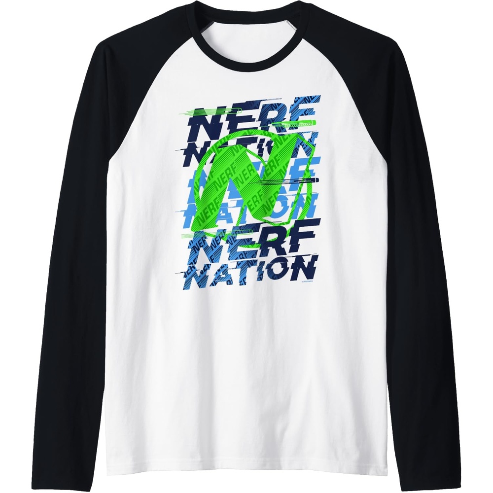 image:imageNerf Nation N Logo Stack Raglan Baseball TeeBlackWhite