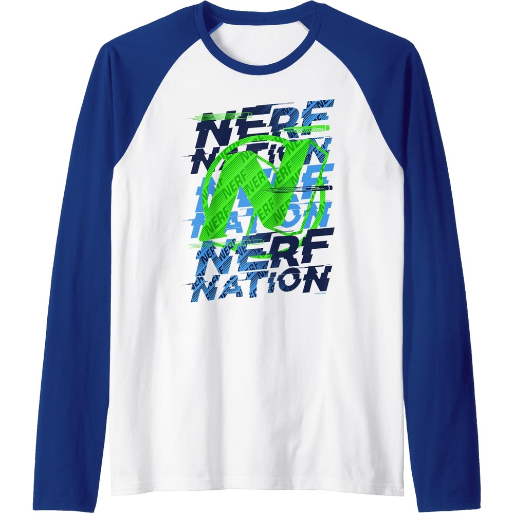 image:imageNerf Nation N Logo Stack Raglan Baseball TeeRoyal BlueWhite