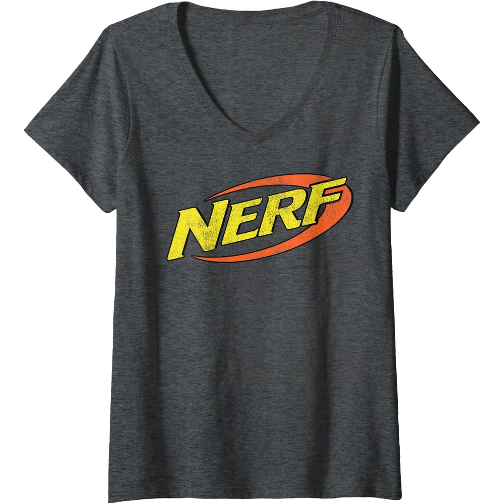 image:imageWomens Nerf Classic Distressed Retro Color Logo VNeck TShirtDark Heather Grey